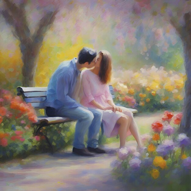 Пара сидит на скамейке в красочном цветочном саду в импрессионистском стиле.