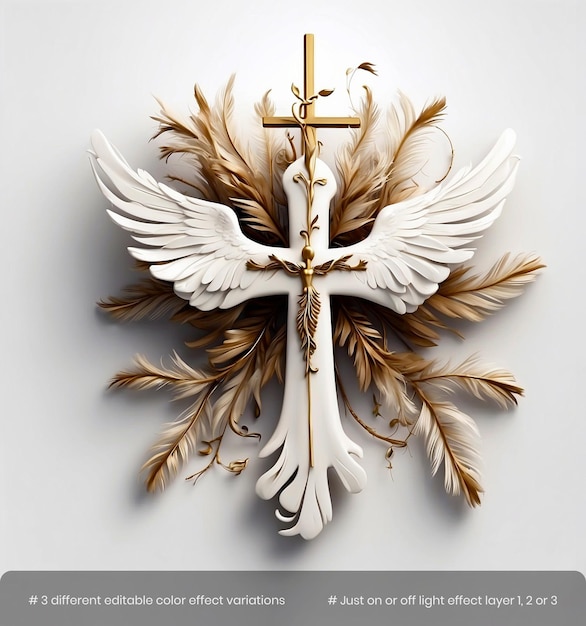 PSD Крест, украшенный нежными голубиными перьями на белом фоне