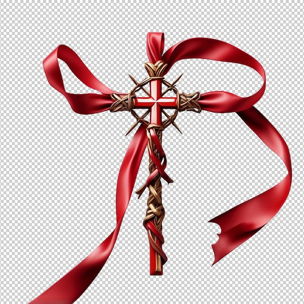 PSD a cross wrapped in a crimson ribbon on isolated transparent background