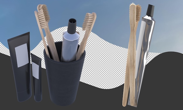 A cup with a toothbrush and a bottle of toothpaste in it.
