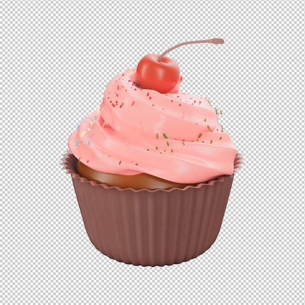 핑크 프로스팅과 체리가 올려진 컵케이크.