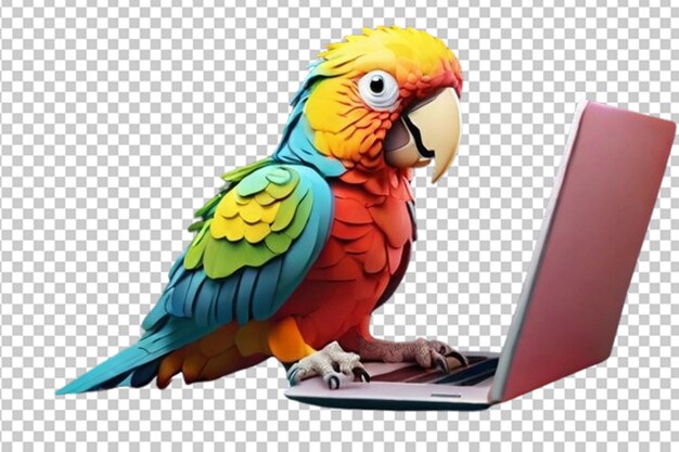PSD Милый 3d попугай, использующий ноутбук на красочном фоне