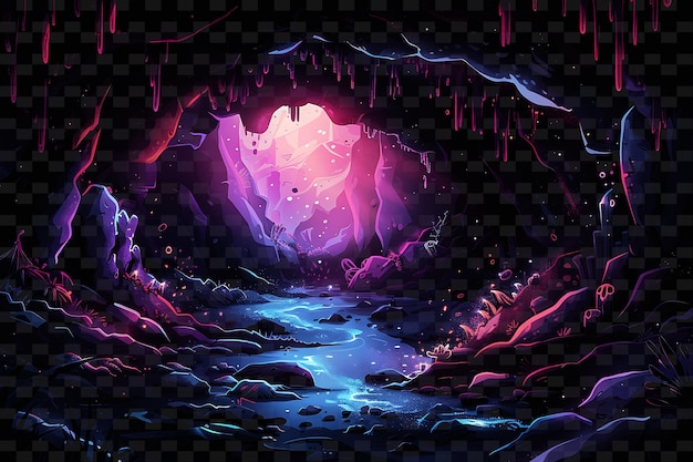 PSD 보라색과 보라색 빛이 있는 보라색 동굴과 함께 어두운 동굴