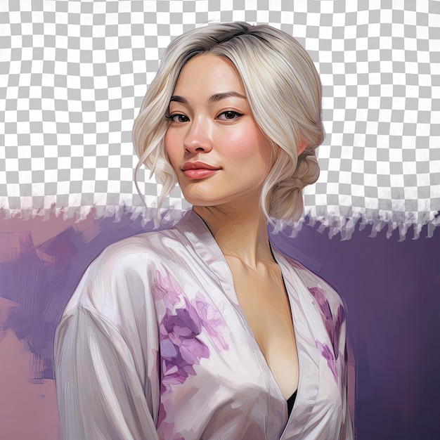 PSD アジア系のブロンドヘアの絶望的な成人の女性は,絵画の服装を着て,パステル・リラックの背景にワン・ショルダー・フォワード・スタイルでポーズをとっています.