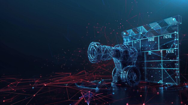 A digital rendering of a film camera and clapperboard with connected lines of data on a dark blue background