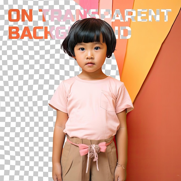 PSD Разочарованная малышка с короткими волосами из юго-восточной азии, одетая в ремесленные предметы, позирует в стиле 