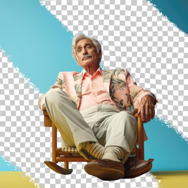 PSD Недоверительный пожилой мужчина с блондинскими волосами из южноазиатской этнической группы, одетый в обложку воспоминаний, позирует в кресле на спине в строгом стиле на пастельно-небесно-голубом фоне