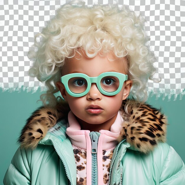 PSD Недоверчивая девочка с блондинскими волосами из афроамериканской этнической группы, одетая в одежду для фотографирования дикой природы, позирует в стиле eyes looking over glasses на задней стороне pastel mint