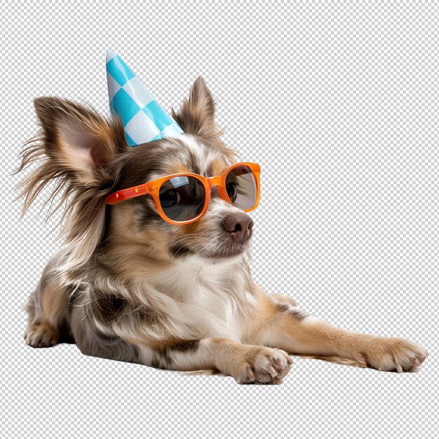 PSD Собака в партийной шляпе и солнцезащитных очках сидит на сером фоне