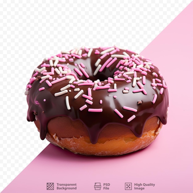 PSD Пончик с розовой посыпкой и шоколадной глазурью на розовом фоне.