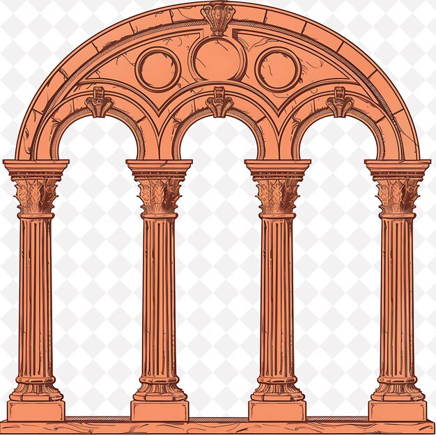 a drawing of a building with columns and a cross on the top