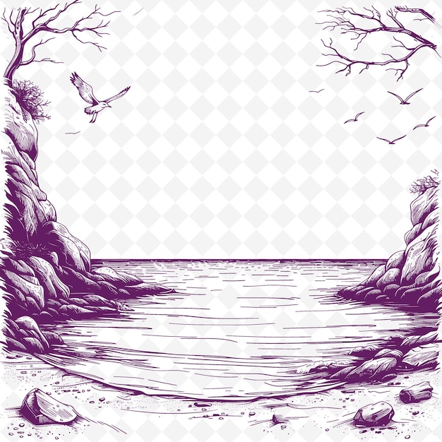PSD Рисунок озера с птицей на вершине