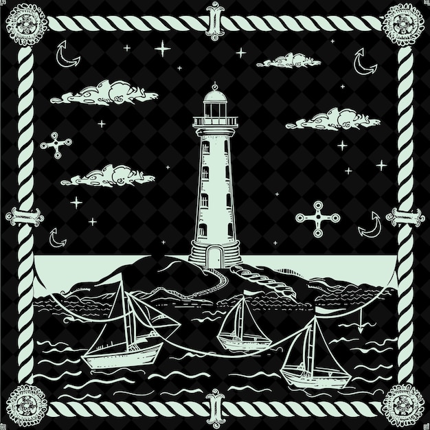 PSD 海の灯台と帆船の絵