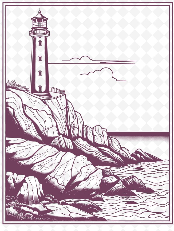 PSD a drawing of a lighthouse on a cliff with a lighthouse in the background