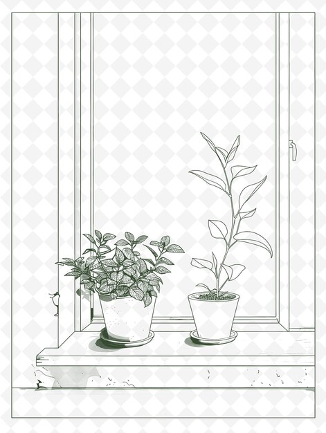 PSD 窓際にある植物と鉢の植物の絵