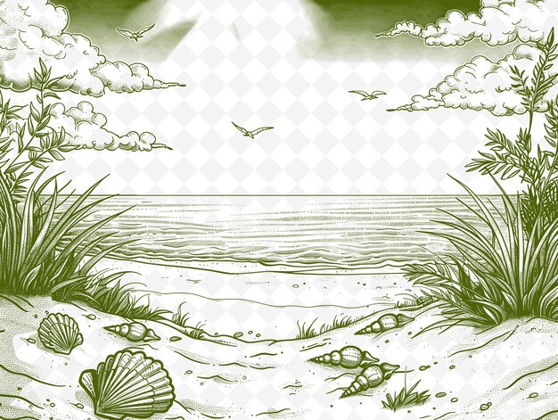 PSD Рисунок морской сцены с морскими ракушками и небом с облаками