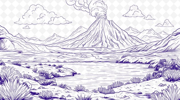 PSD 雲と山の背景にある火山の絵