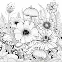 PSD キノコのある花や植物の絵。