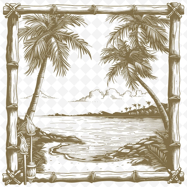 PSD Рисунок пальмовых деревьев и табличка с надписью 