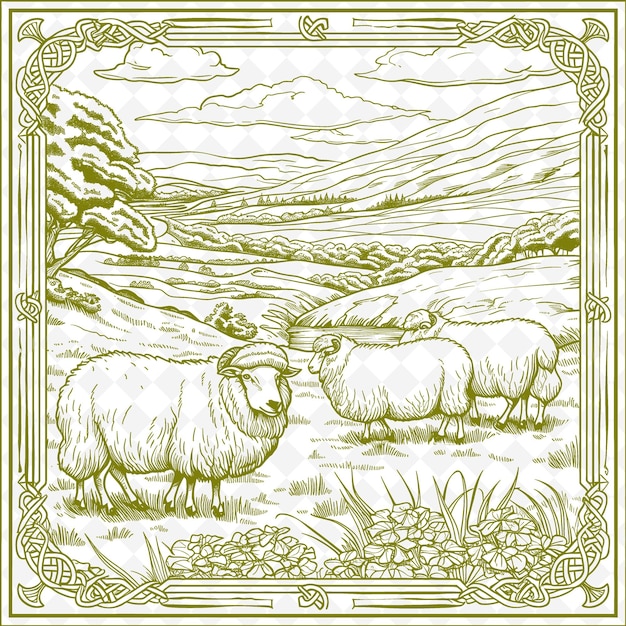 背景に山がある畑の羊の絵