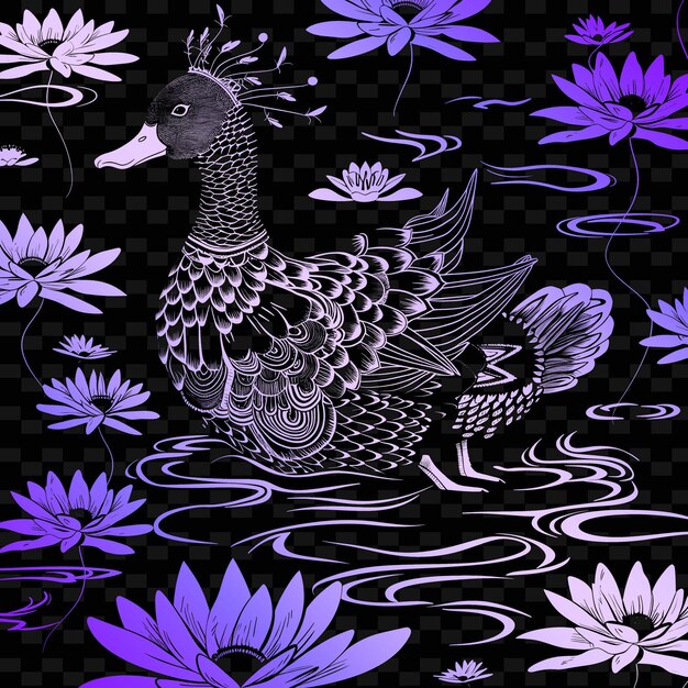 PSD Утка плавает в пруду с цветами и цветами