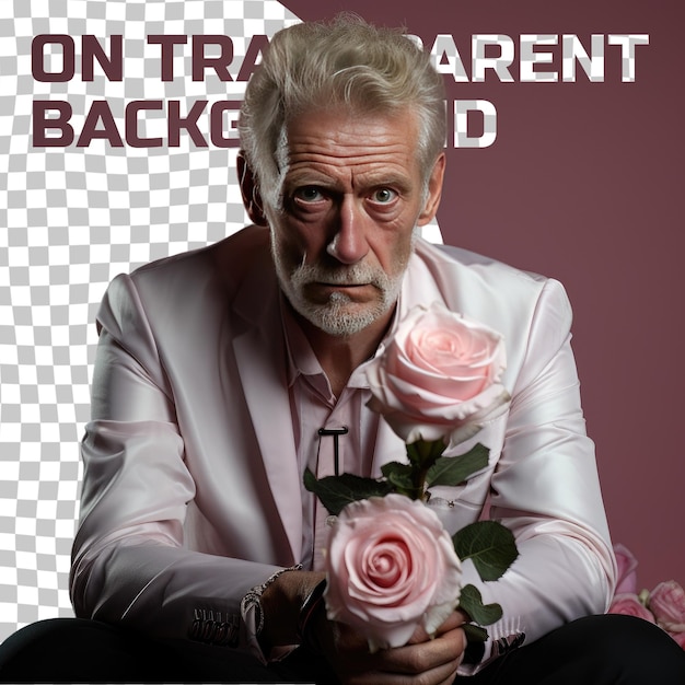 PSD Эмпатичный пожилой мужчина с блондинскими волосами скандинавской этнической принадлежности, одетый в костюм следователя на месте преступления, позирует в задумчивом взгляде с пальцем на губах на фоне пастельной розовой ба