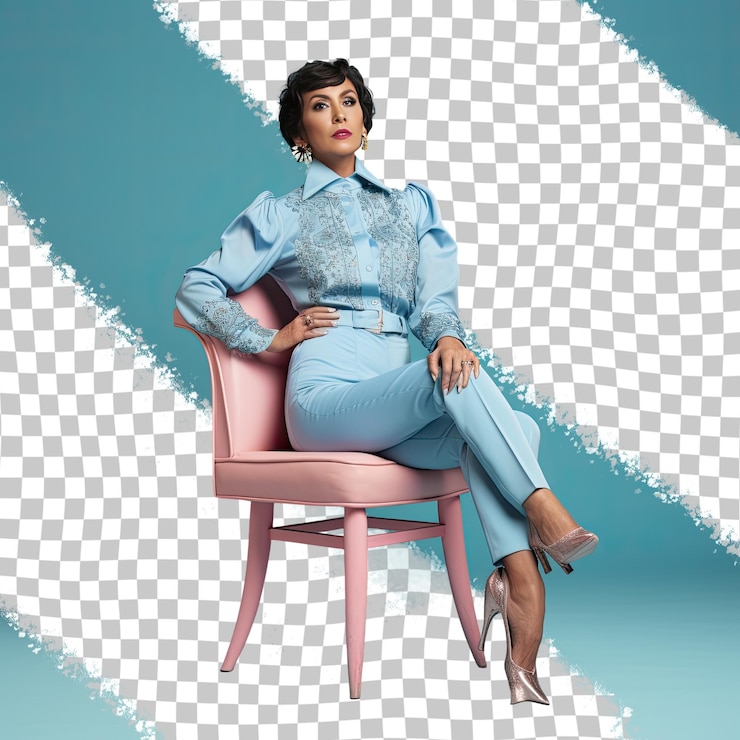 PSD a exasperated middle aged woman with short hair from the hispanic ethnicity dressed in curator attire poses in a full length with a prop like a chair style against a pastel periwinkle backgr