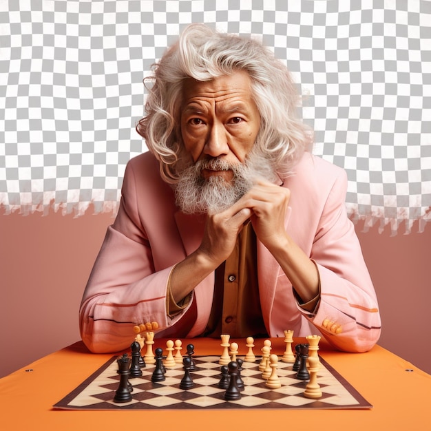PSD Раздраженный пожилой мужчина с волнистыми волосами из юго-восточной азии, одетый в шахматный наряд, позирует с наклоном головы с серьезным выражением лица на спине пастельного абрикоса