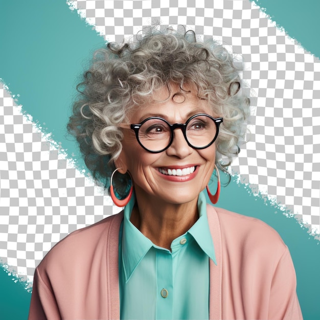 PSD Воодушевленная старшая женщина с кудрявыми волосами скандинавской этнической принадлежности, одетая в оптический наряд, позирует с наклоном головы со стилем серьезного выражения на фоне пастельного цвета