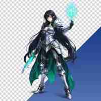 PSD a female knight with a green cape and a blue background