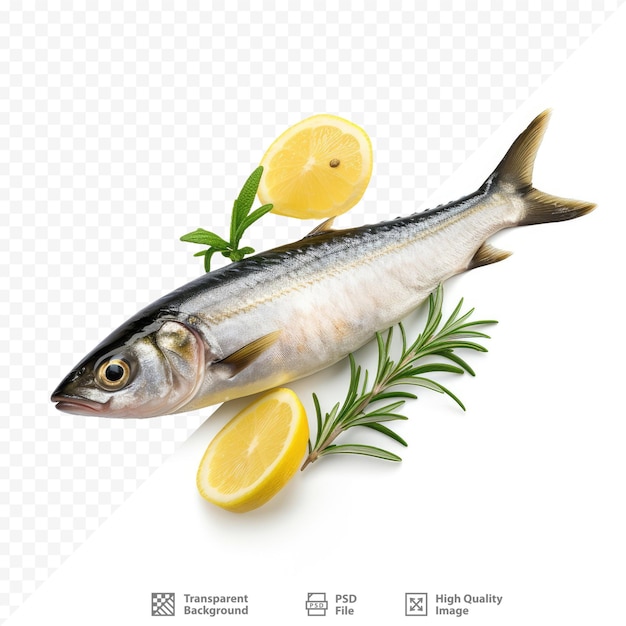 PSD Рыба с ломтиками лимона на нем и лимоном на дне.
