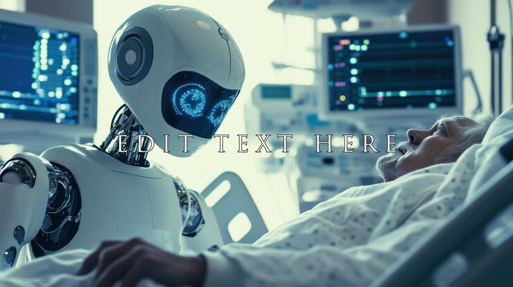 PSD a friendly robot interacts with an elderly patient in a hospital bed