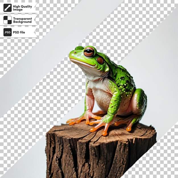 PSD a frog sits on a log with a picture of a frog on it