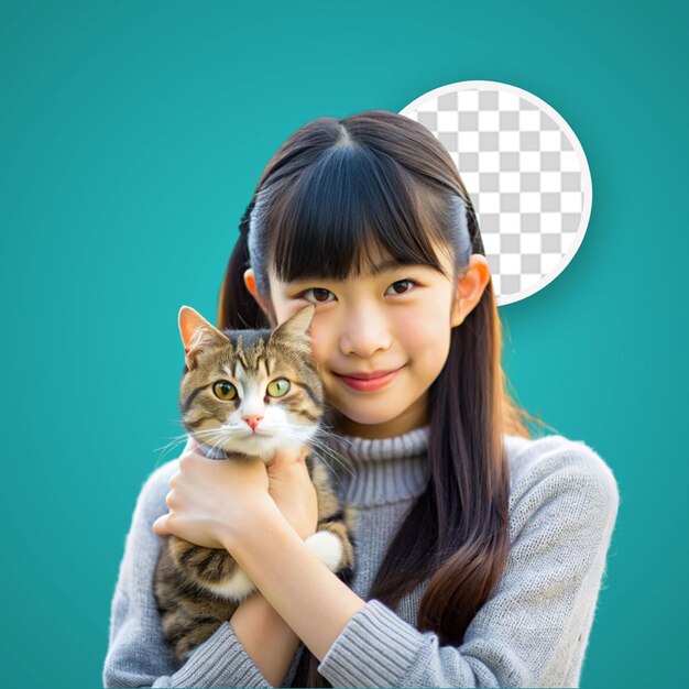 PSD かわいい小さな子猫を抱いた黒いドレスの若い女性のフロントビュー