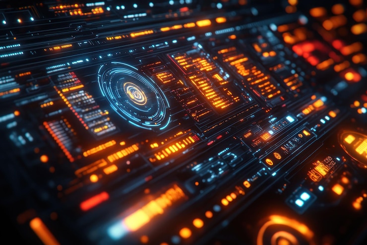 PSD a futuristic technology interface with glowing orange and blue lights