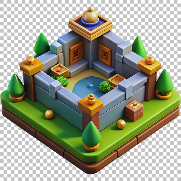 a game of game with a pond and a building with a tree on the top