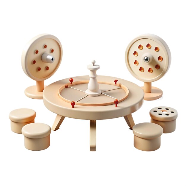 a game with a wooden wheel and a round object with a red button on it