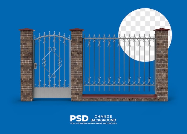 a gate with fence and brick wall psd
