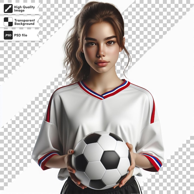 PSD サッカーのジャージを着た女の子がサッカーボールを握っている