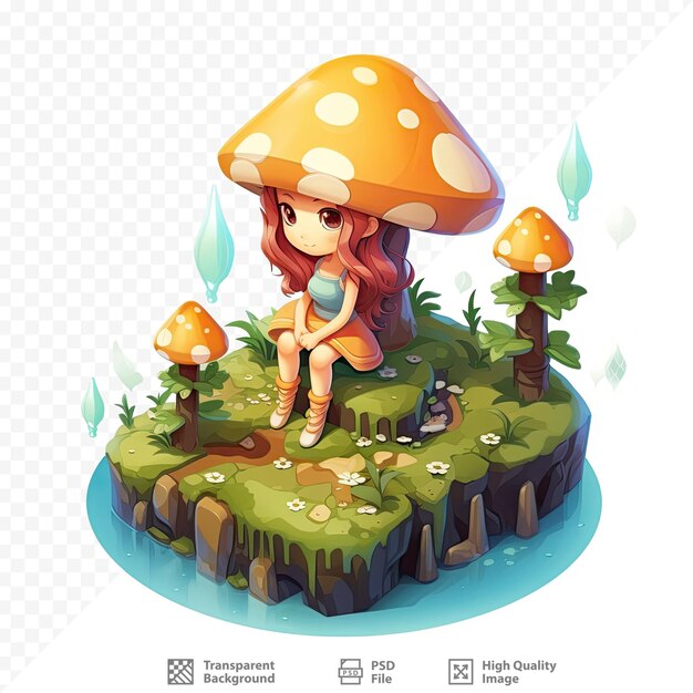 PSD 머리에 버섯을 쓴 소녀가 버섯 위에 앉아 있습니다.