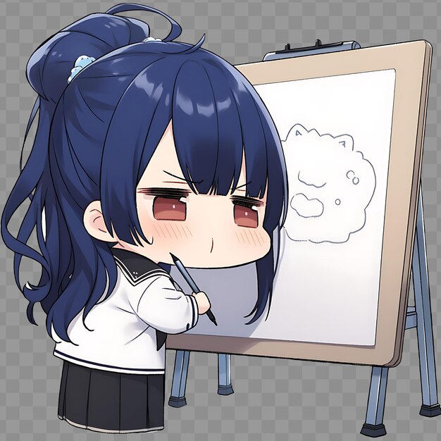 PSD Девушка с голубыми волосами рисует на доске с рисунком девушки на ней
