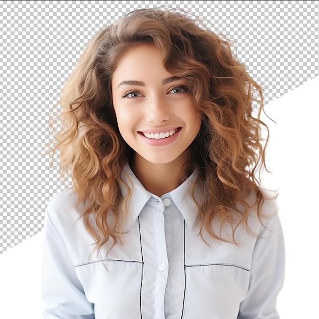 PSD a girl with curly hair and a white shirt is smiling