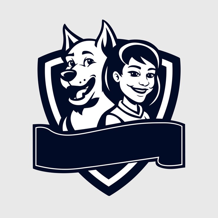 PSD a girl with dog shield mascot icon for use as a logo