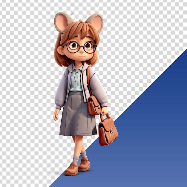 PSD a girl with glasses and a mouse on her back stands in front of a blue background