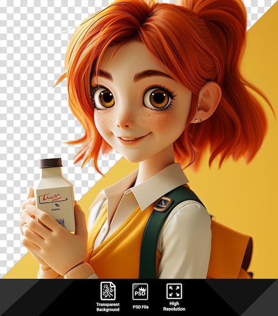PSD 오렌지색 머리카락과 색 목걸이를 입은 소녀가 손에 우유 병을 들고 있으며, 갈색 눈과 작은 귀가 전면에 보인다.
