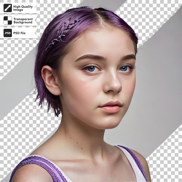 PSD a girl with purple hair and a purple hair clip that says  the word