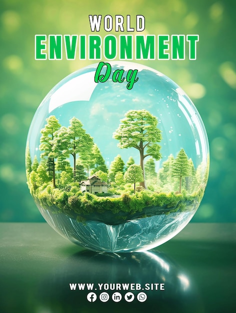 PSD Стеклянный шар с деревьями и зеленым фон с зеленым фоном