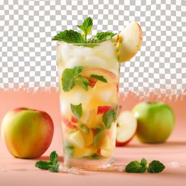 PSD a glass of ice water with apples and strawberries on a table