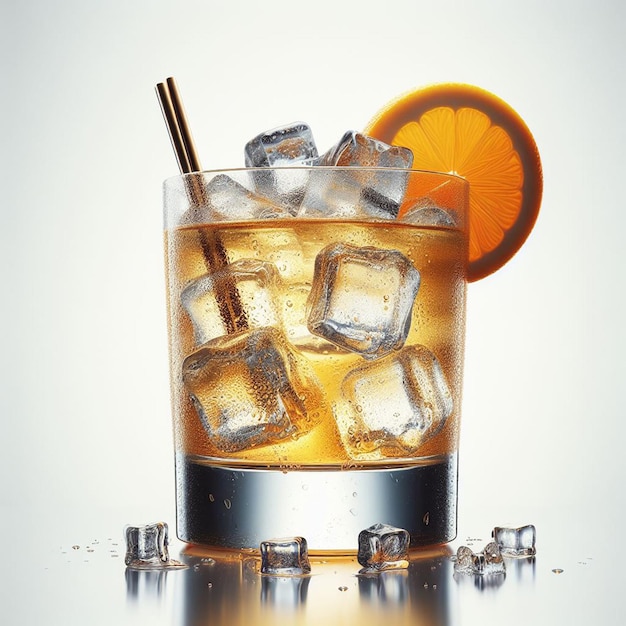 PSD 얼음과 오렌지 조각이 있는 얼음 차 한 잔