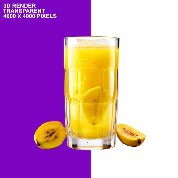 PSD バナナとオレンジのスライスの絵を描いたオレンジジュースのグラス